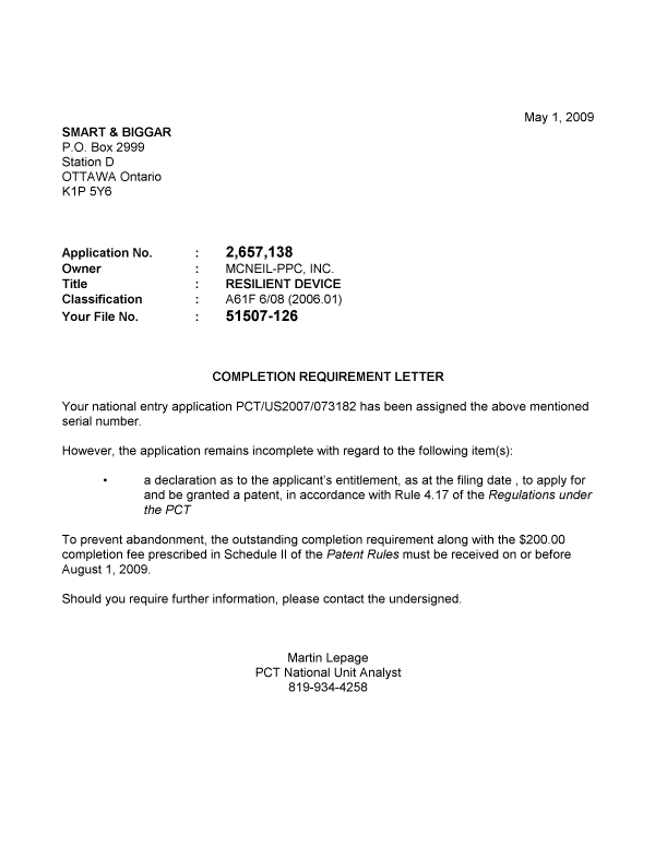 Canadian Patent Document 2657138. Correspondence 20081201. Image 1 of 1