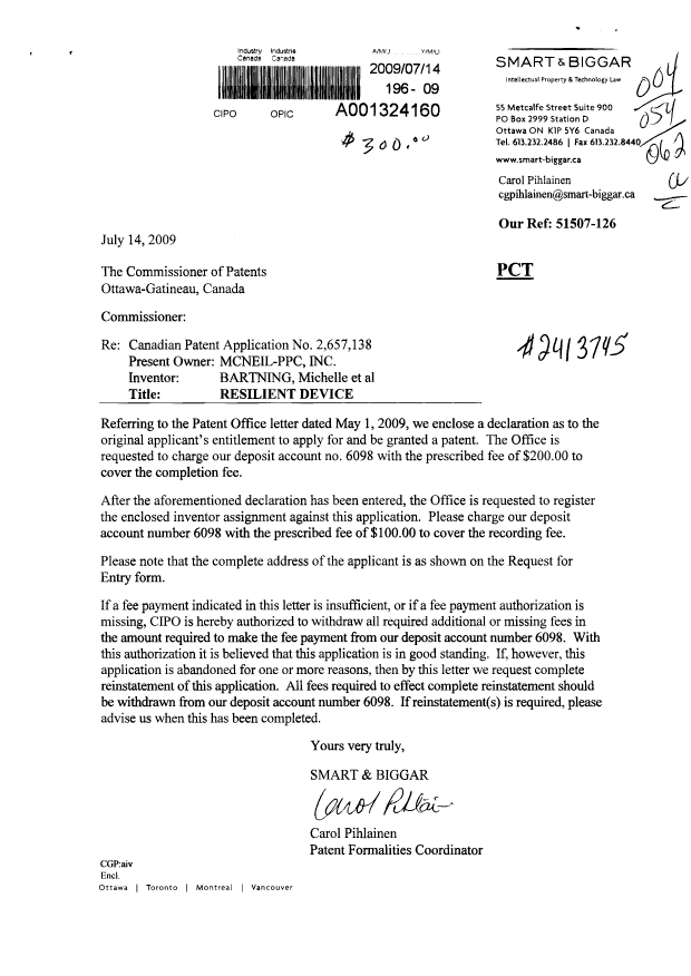 Canadian Patent Document 2657138. Correspondence 20081214. Image 1 of 2