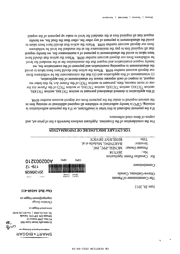 Canadian Patent Document 2657138. Prosecution-Amendment 20111226. Image 1 of 2