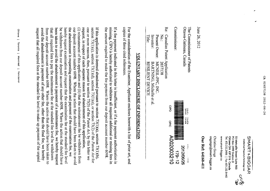Document de brevet canadien 2657138. Poursuite-Amendment 20111226. Image 1 de 2
