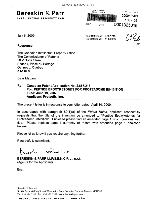 Document de brevet canadien 2657213. Correspondance 20090706. Image 1 de 2