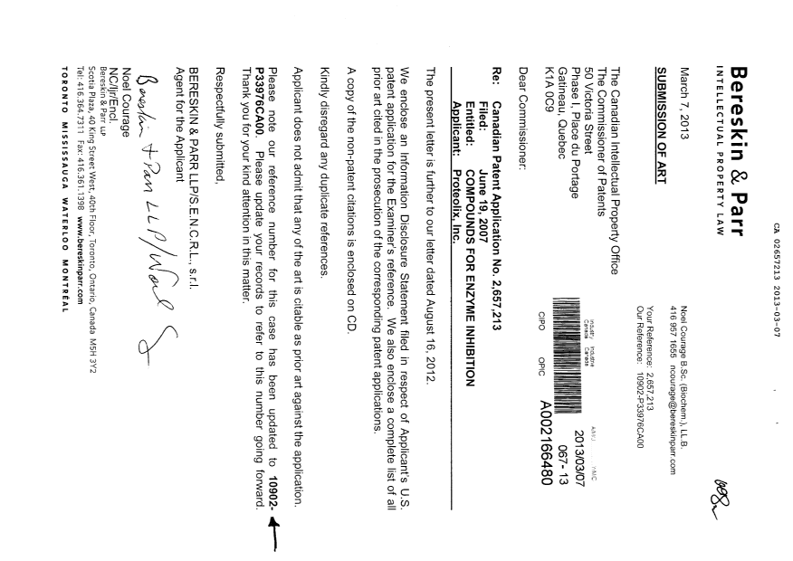 Canadian Patent Document 2657213. Prosecution-Amendment 20130307. Image 1 of 2