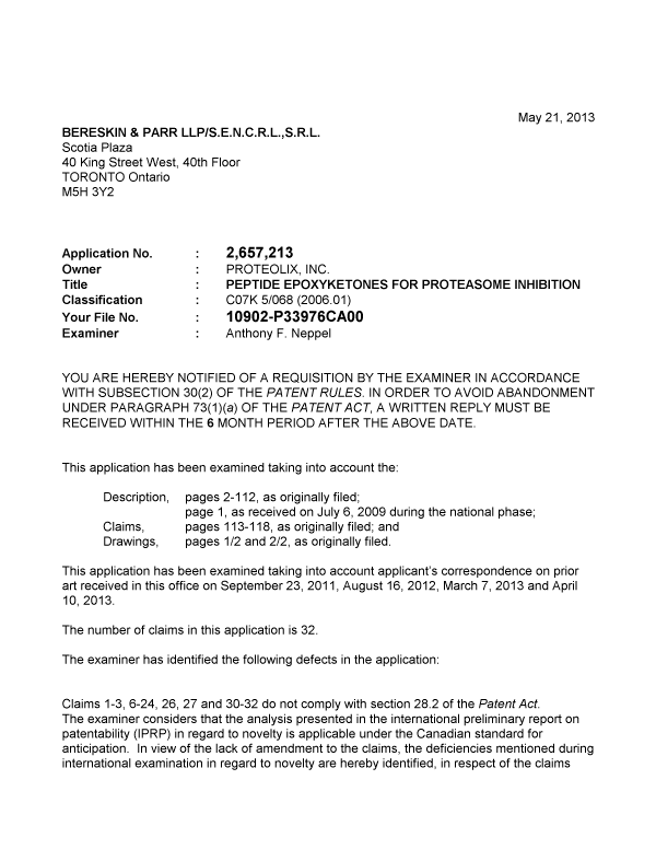 Canadian Patent Document 2657213. Prosecution-Amendment 20130521. Image 1 of 3