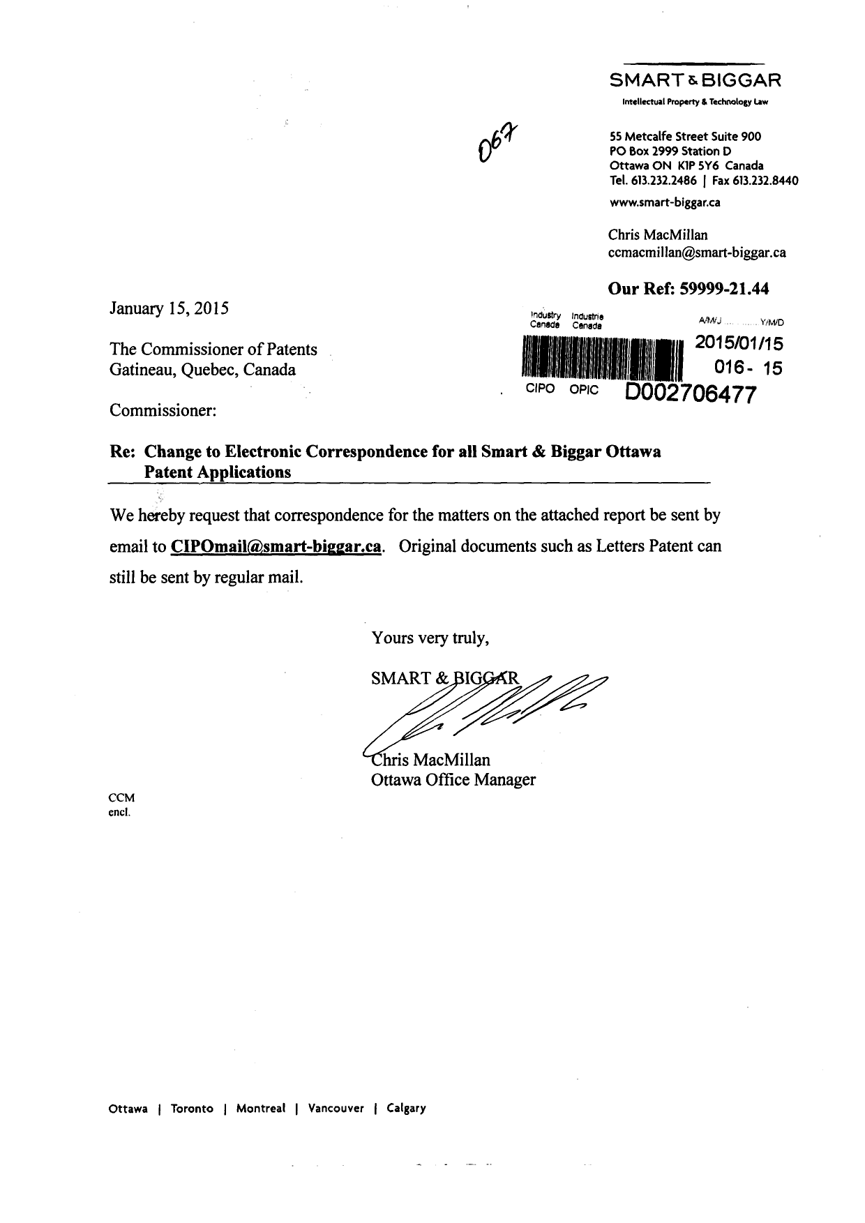 Canadian Patent Document 2657213. Change to the Method of Correspondence 20150115. Image 1 of 2
