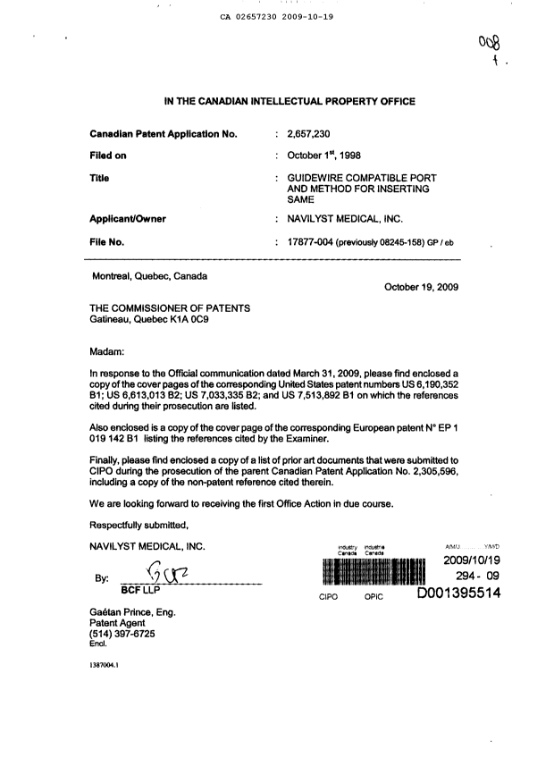 Canadian Patent Document 2657230. Prosecution-Amendment 20091019. Image 1 of 1