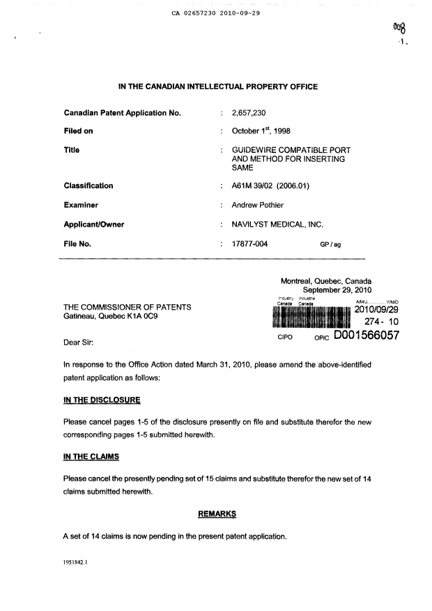 Canadian Patent Document 2657230. Prosecution-Amendment 20100929. Image 1 of 13