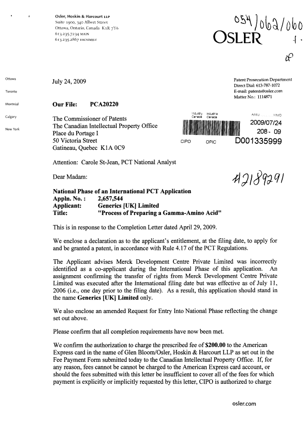 Document de brevet canadien 2657544. Correspondance 20090724. Image 1 de 5