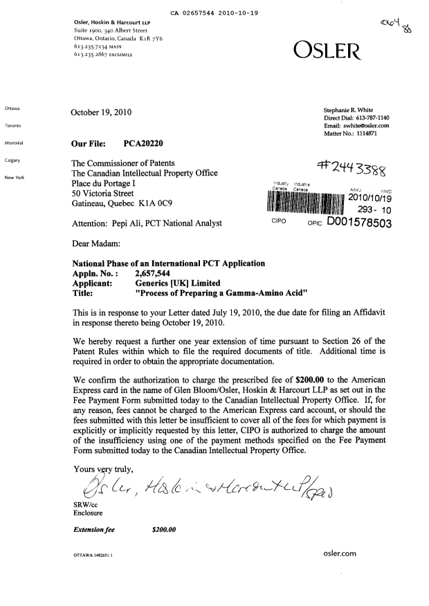 Document de brevet canadien 2657544. Correspondance 20101019. Image 1 de 1