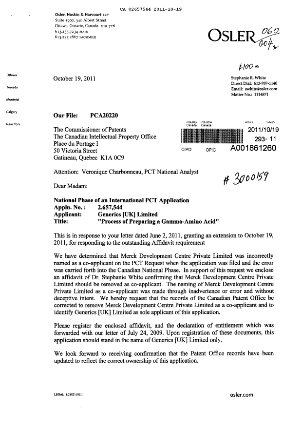 Document de brevet canadien 2657544. Cession 20111019. Image 1 de 9