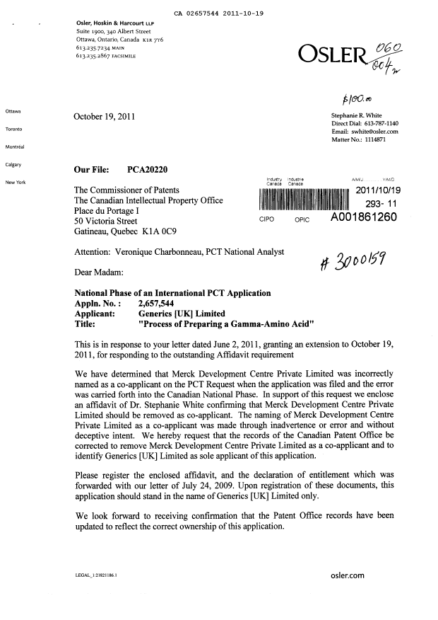 Document de brevet canadien 2657544. Correspondance 20111019. Image 1 de 4