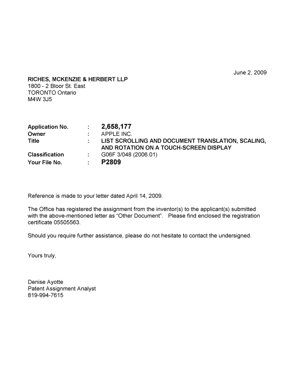 Canadian Patent Document 2658177. Correspondence 20081202. Image 1 of 1