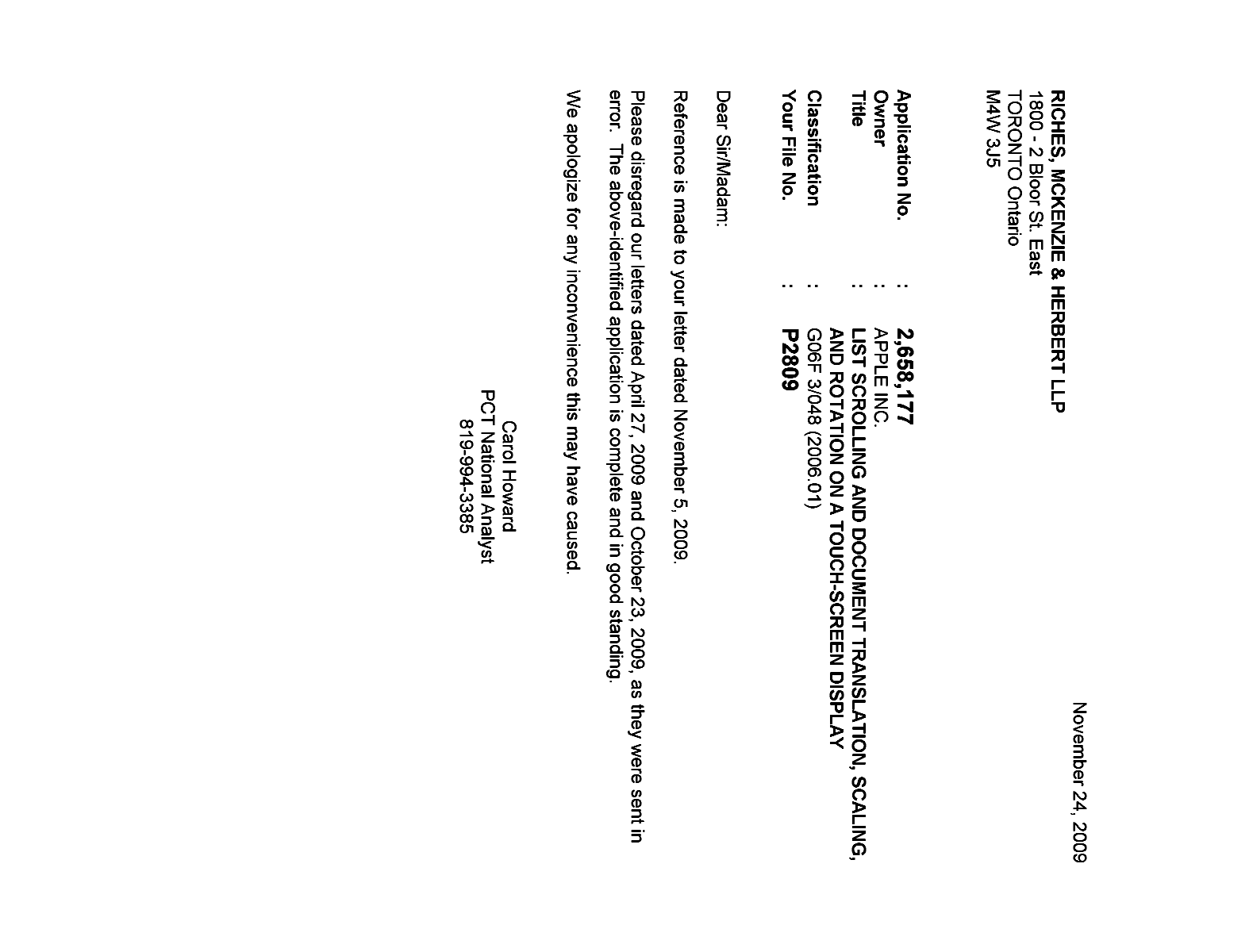 Canadian Patent Document 2658177. Correspondence 20081224. Image 1 of 1