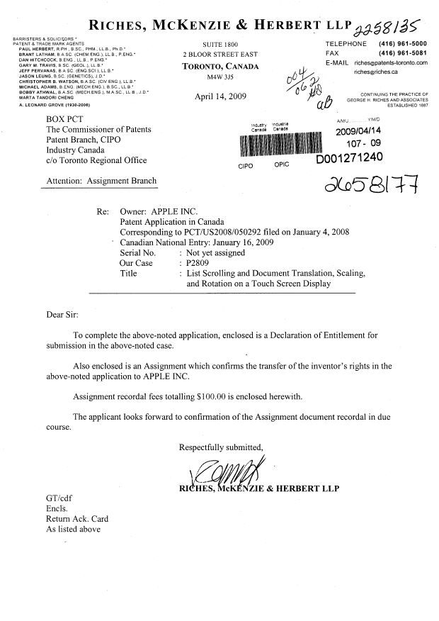 Canadian Patent Document 2658177. Assignment 20090414. Image 1 of 5