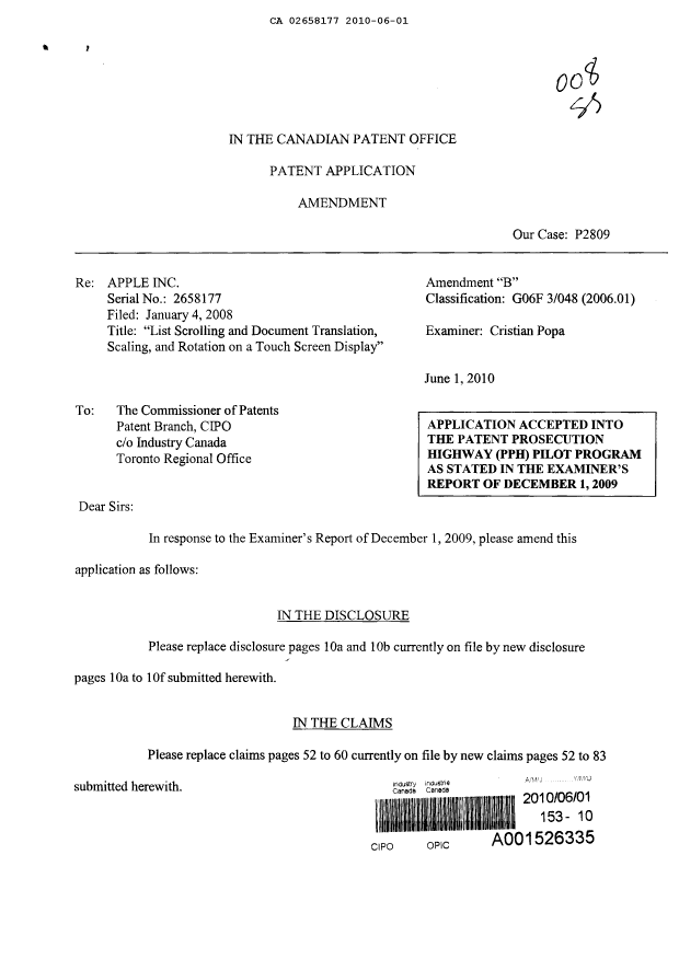 Canadian Patent Document 2658177. Prosecution-Amendment 20100601. Image 1 of 42