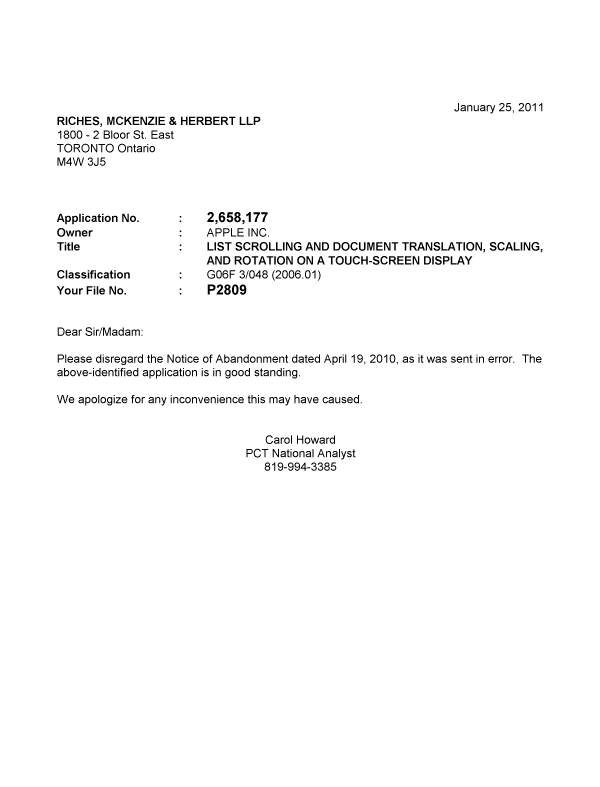 Canadian Patent Document 2658177. Correspondence 20101225. Image 1 of 1