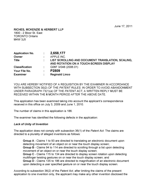 Canadian Patent Document 2658177. Prosecution-Amendment 20110617. Image 1 of 2