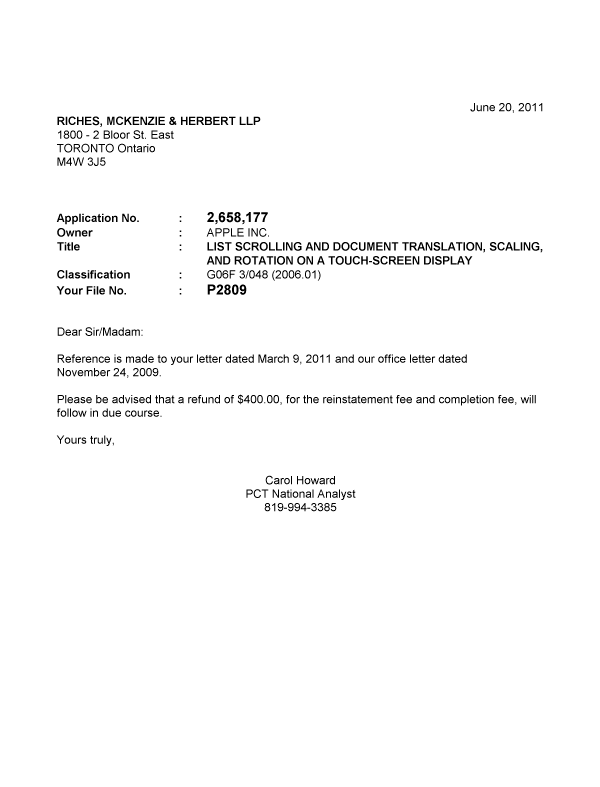 Canadian Patent Document 2658177. Correspondence 20110620. Image 1 of 1