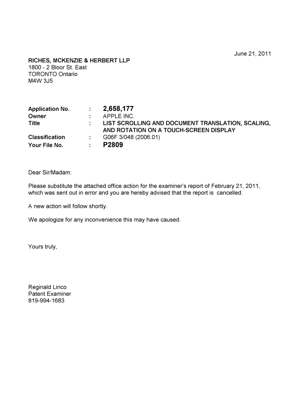 Canadian Patent Document 2658177. Correspondence 20110621. Image 1 of 1