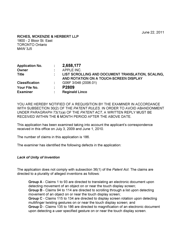 Canadian Patent Document 2658177. Prosecution-Amendment 20110622. Image 1 of 2