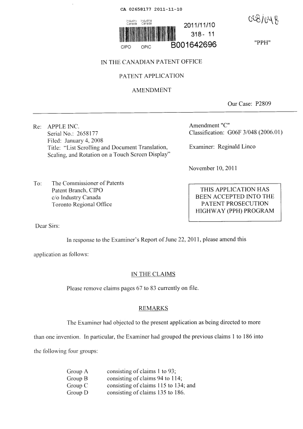 Canadian Patent Document 2658177. Prosecution-Amendment 20111110. Image 1 of 3