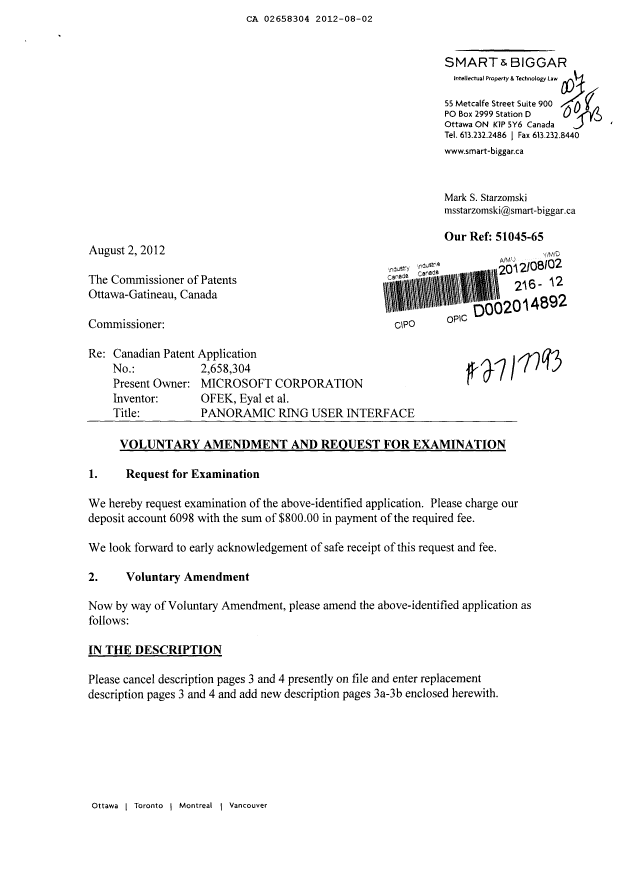 Canadian Patent Document 2658304. Prosecution-Amendment 20120802. Image 1 of 12