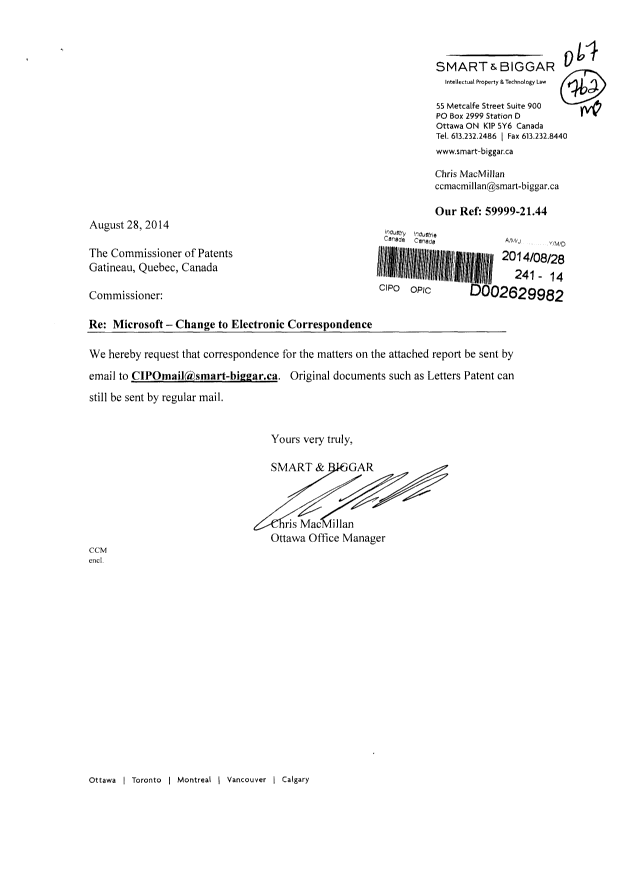 Document de brevet canadien 2658304. Correspondance 20140828. Image 1 de 2