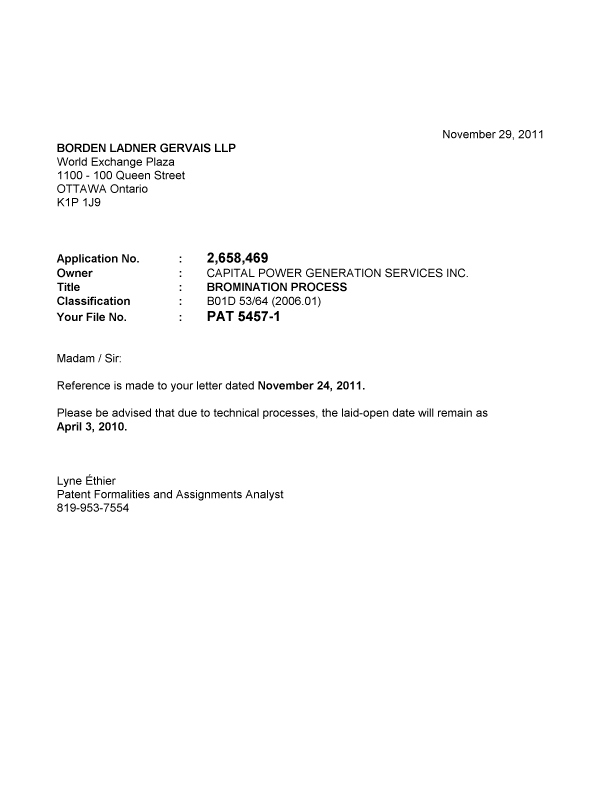 Document de brevet canadien 2658469. Correspondance 20101229. Image 1 de 1