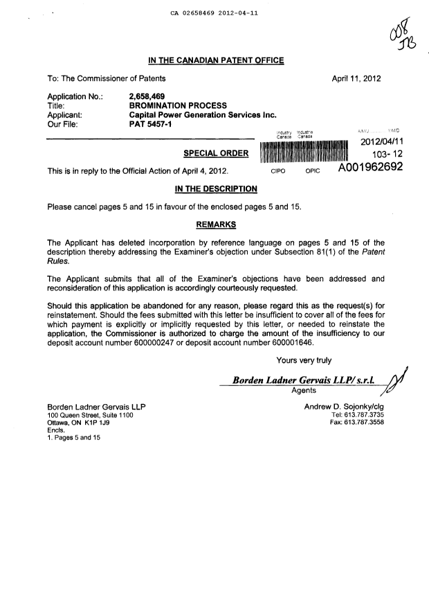 Canadian Patent Document 2658469. Prosecution-Amendment 20111211. Image 1 of 3