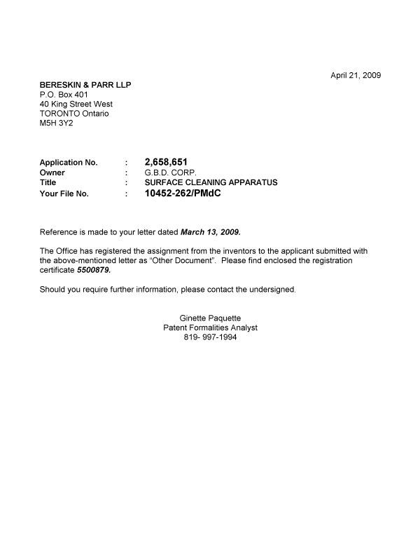 Document de brevet canadien 2658651. Correspondance 20090414. Image 1 de 1