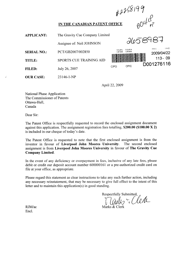 Document de brevet canadien 2658987. Cession 20090422. Image 1 de 3