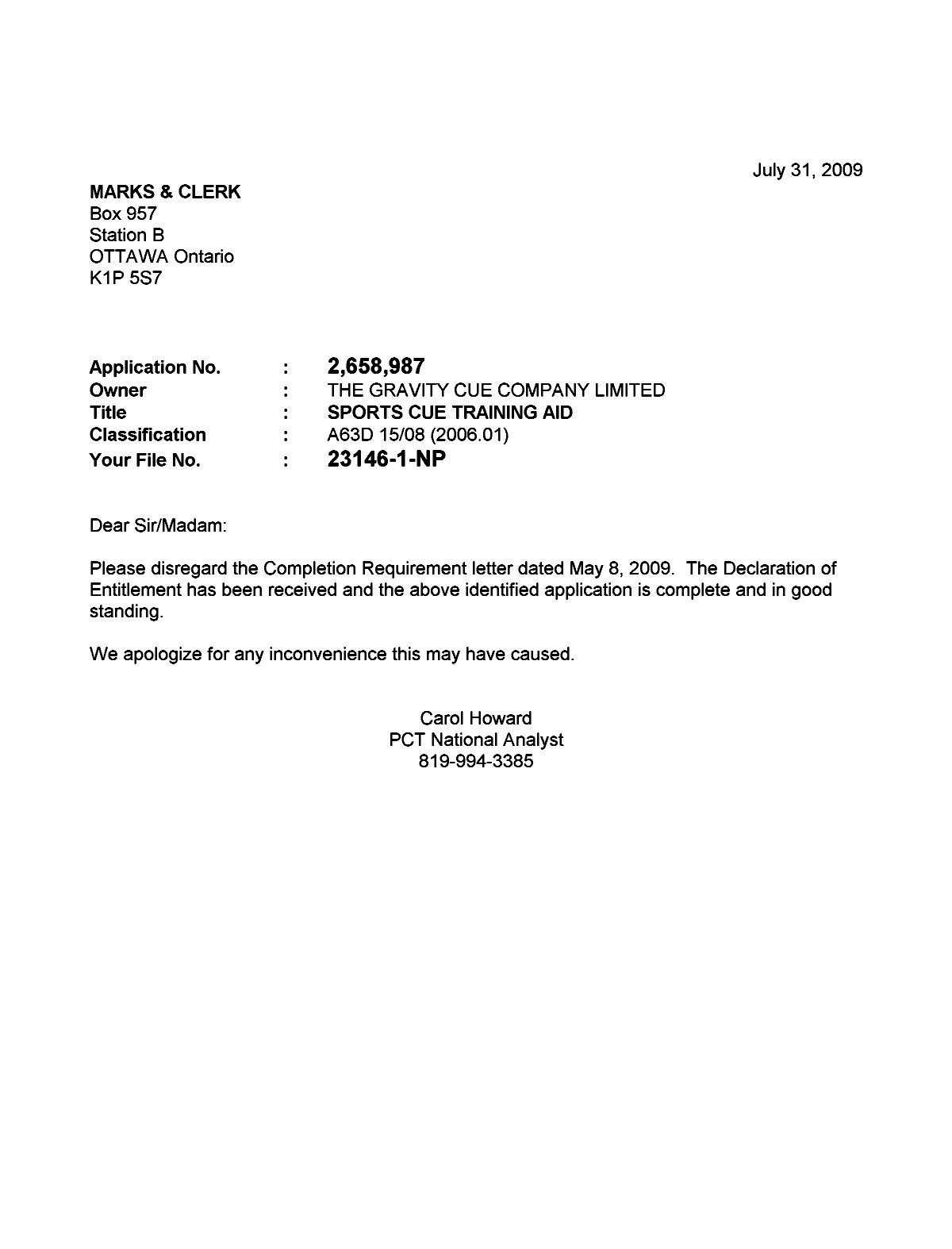 Canadian Patent Document 2658987. Correspondence 20090731. Image 1 of 1