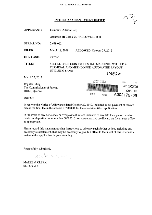 Canadian Patent Document 2659062. Correspondence 20130325. Image 1 of 1