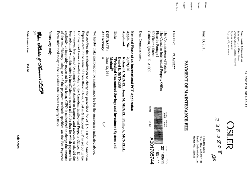 Canadian Patent Document 2659108. Fees 20110613. Image 1 of 1