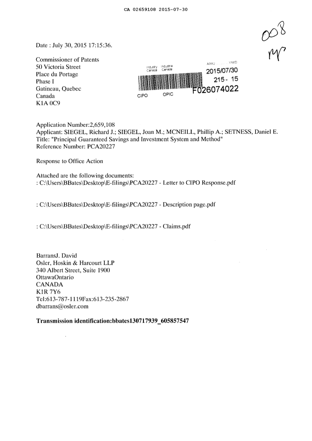 Document de brevet canadien 2659108. Modification 20150730. Image 1 de 13