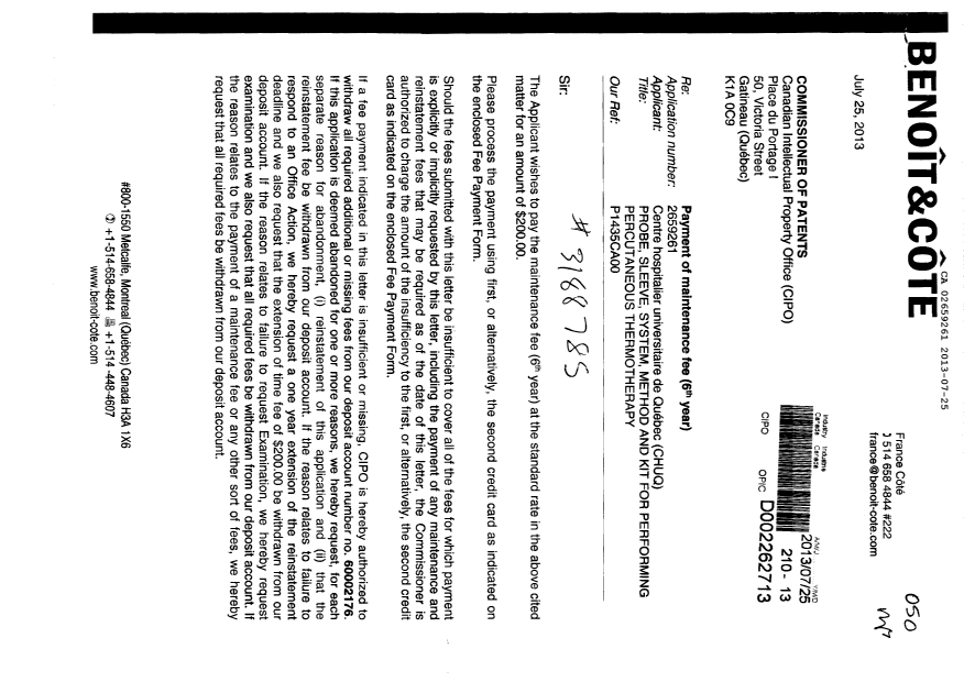 Canadian Patent Document 2659261. Fees 20130725. Image 1 of 2