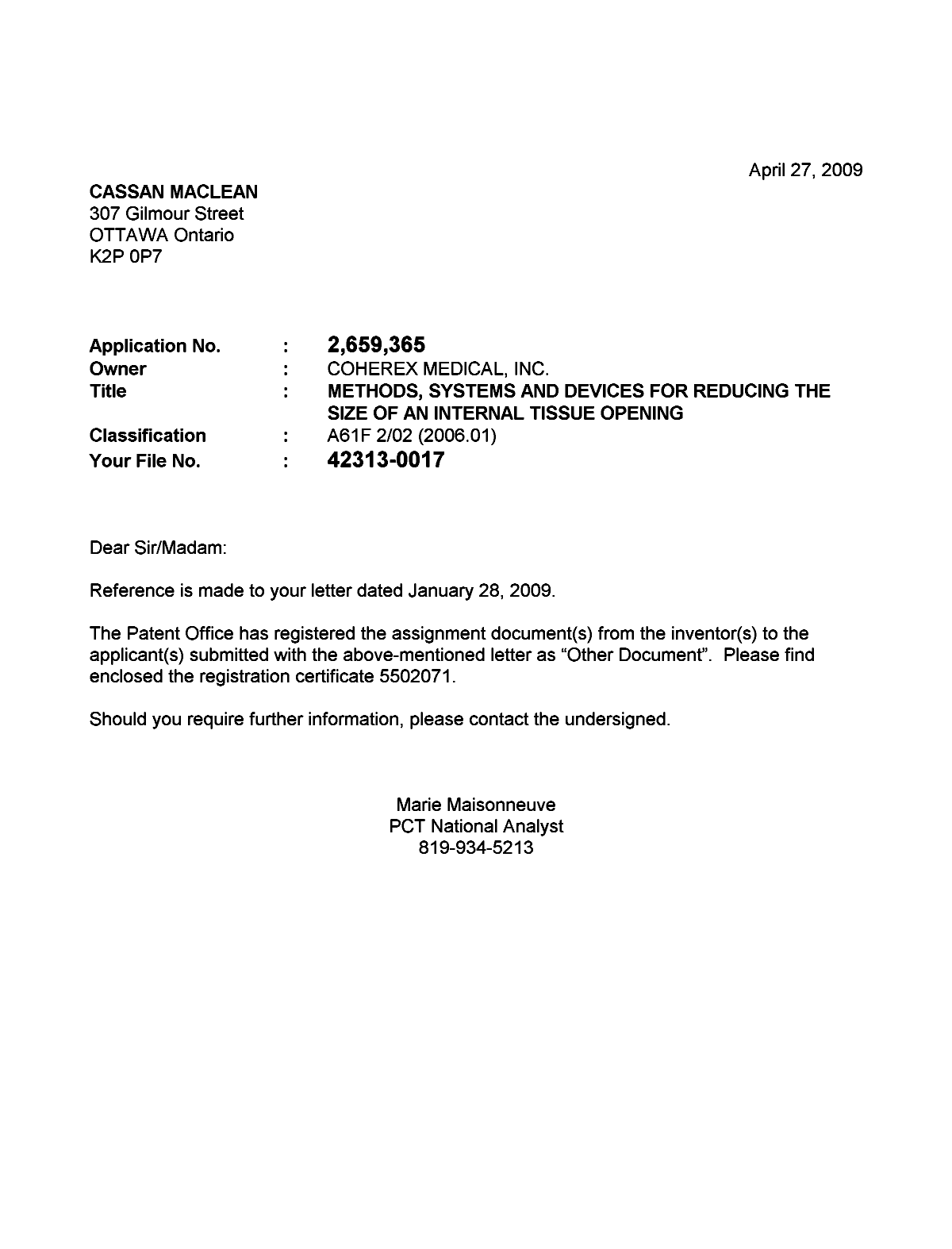 Canadian Patent Document 2659365. Correspondence 20090427. Image 1 of 1