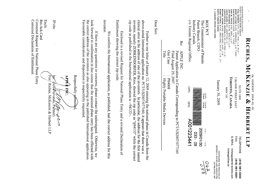 Canadian Patent Document 2659397. Correspondence 20081230. Image 1 of 5