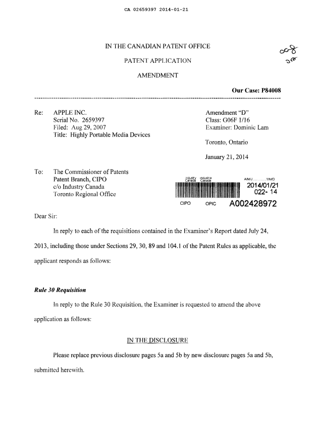 Canadian Patent Document 2659397. Prosecution-Amendment 20131221. Image 1 of 20