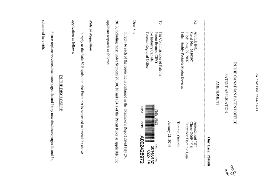 Document de brevet canadien 2659397. Poursuite-Amendment 20140121. Image 1 de 20