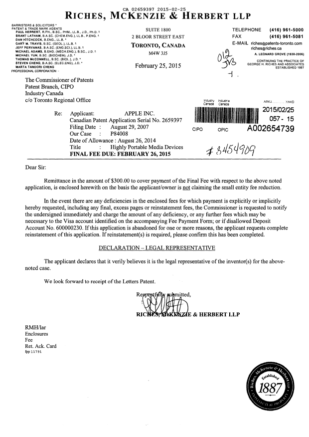 Canadian Patent Document 2659397. Correspondence 20141225. Image 1 of 1