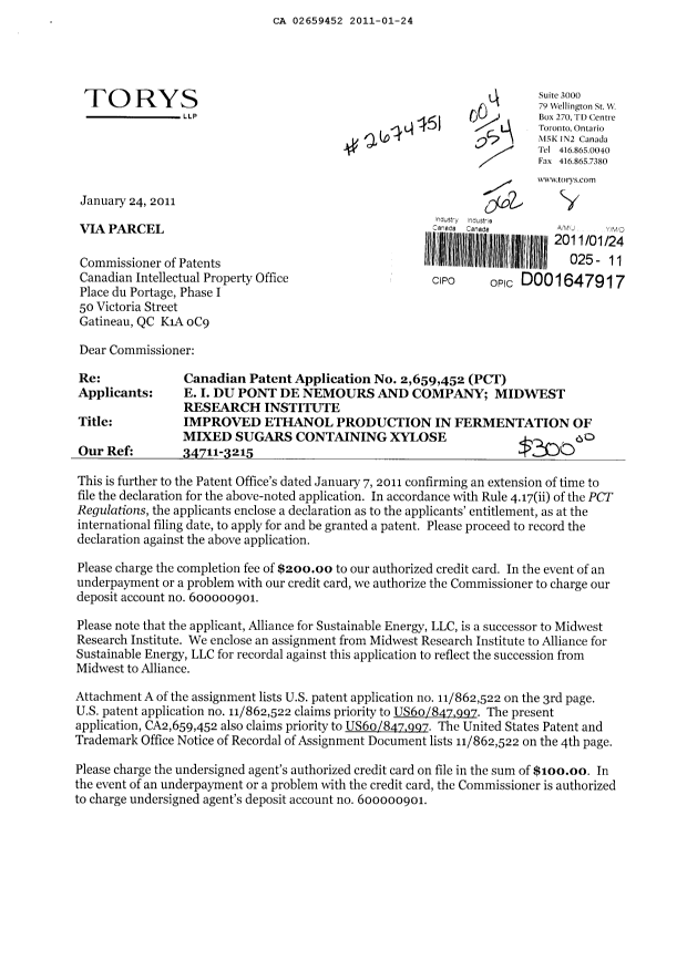 Canadian Patent Document 2659452. Correspondence 20101224. Image 1 of 3