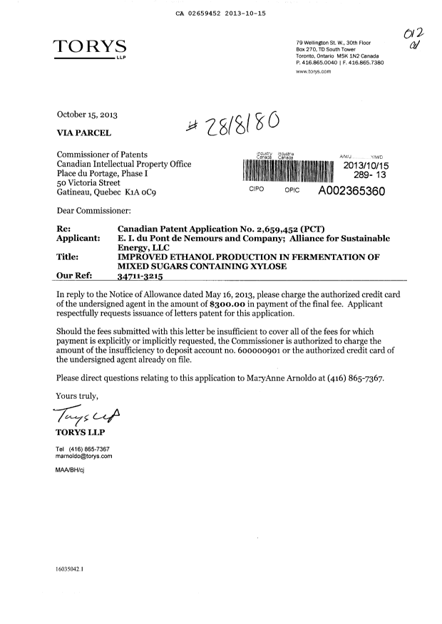Canadian Patent Document 2659452. Correspondence 20121215. Image 1 of 1