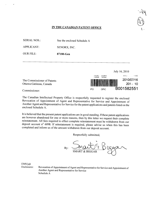 Document de brevet canadien 2659518. Correspondance 20100716. Image 1 de 3