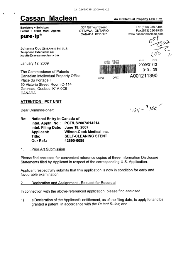 Canadian Patent Document 2659735. Correspondence 20081212. Image 1 of 3