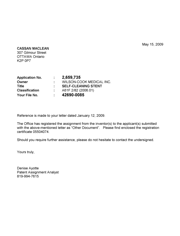 Document de brevet canadien 2659735. Correspondance 20081215. Image 1 de 1