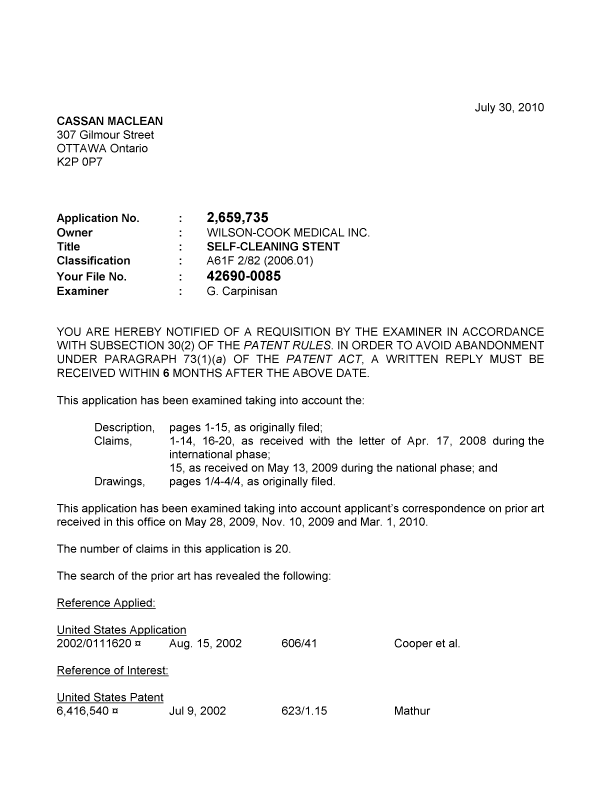 Document de brevet canadien 2659735. Poursuite-Amendment 20100730. Image 1 de 3