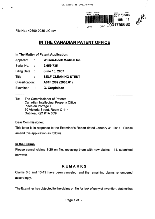 Canadian Patent Document 2659735. Prosecution-Amendment 20101206. Image 1 of 5