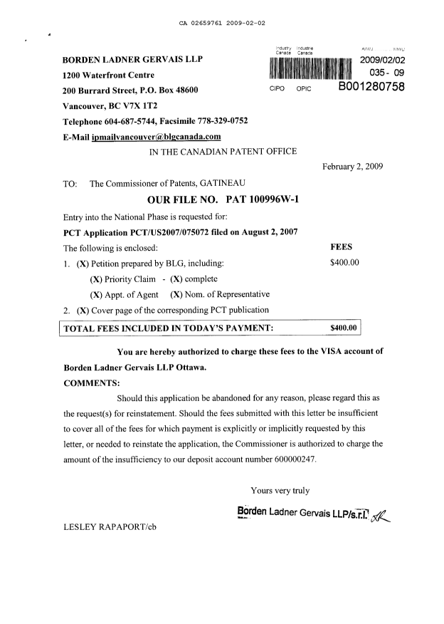 Document de brevet canadien 2659761. Cession 20090202. Image 1 de 3