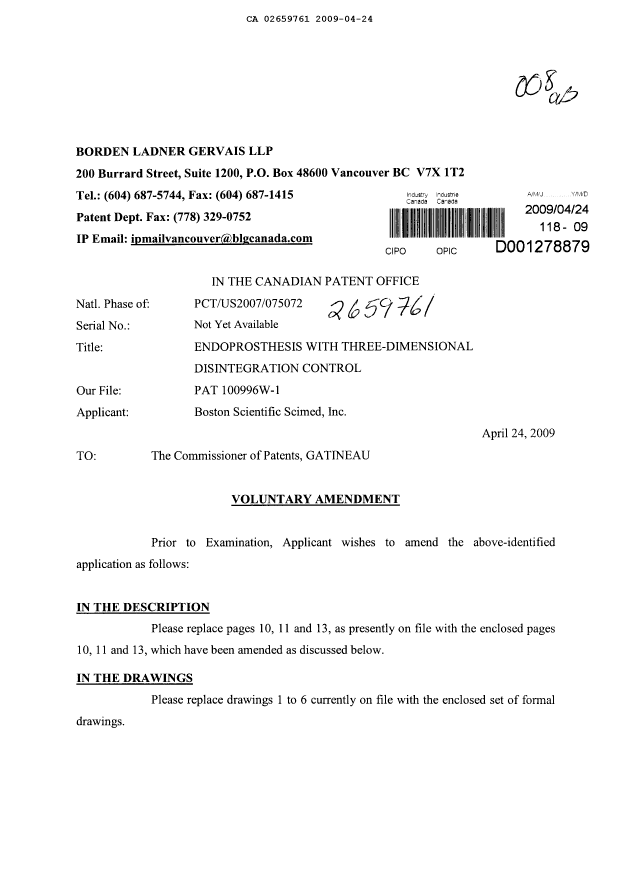 Document de brevet canadien 2659761. Poursuite-Amendment 20090424. Image 1 de 20