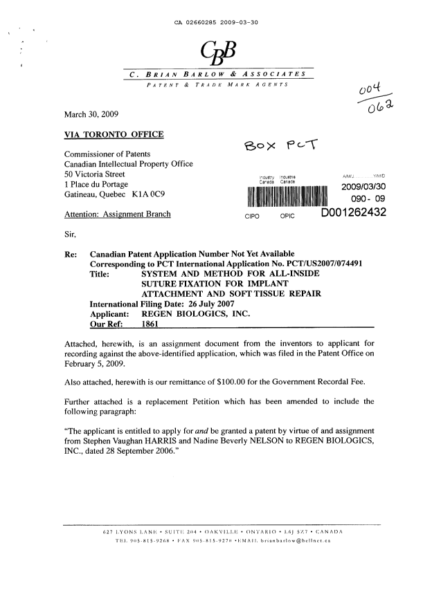 Canadian Patent Document 2660285. Assignment 20090330. Image 1 of 6